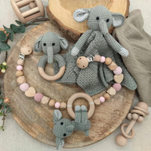 Geschenkset "Elefant" | Schmusetuch | Rassel | Kinderwagenkette