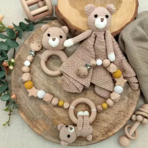Geschenkset "Bär" | Schmusetuch | Rassel | Kinderwagenkette